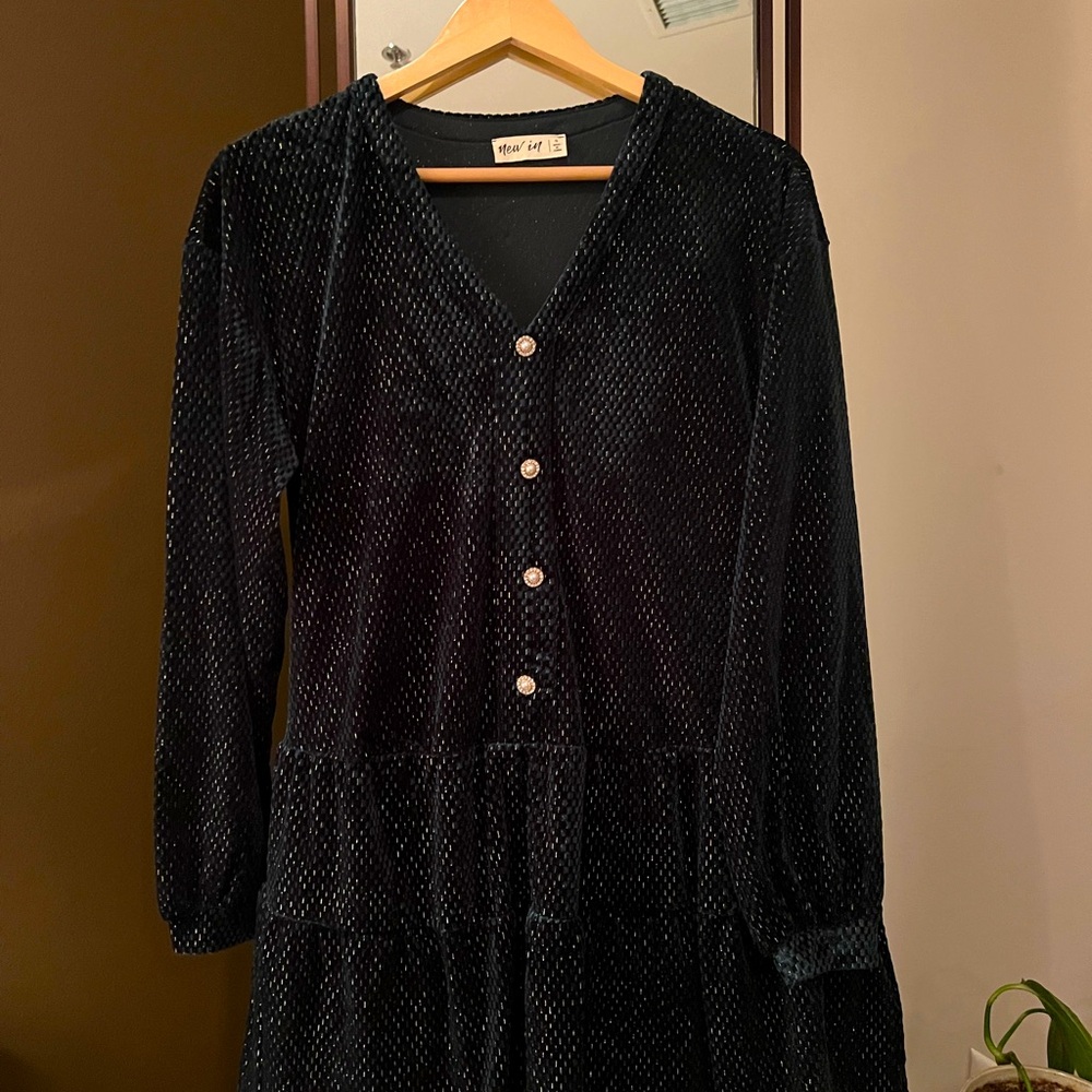 Pretty dark green with silver thread and rhinestone button dress